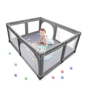 Baby Playpen, Indoor & Outdoor Kids Activity Center with Anti-Slip Base, Sturdy Safety Play Yard with Super Soft Breathable Mesh, Kid's Fence for Infants Toddlers(GREY) (XL)