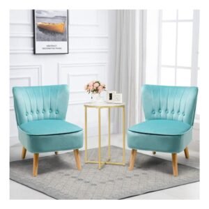 Giantex Set of 2 Modern Velvet Accent Chair, Upholstered Leisure Sofa Chair w/Wood Legs, Thickly Padded and Button Tufted, Armless Wingback Club Chairs for Living Room Bedroom Furniture (2,Turquoise)