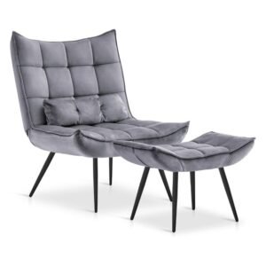 Mcombo Accent Chair with Ottoman, Velvet Modern Tufted Wingback Club Chair, Upholstered Leisure Chairs with Metal Legs for Bedroom Living Room 4079 (Brown)
