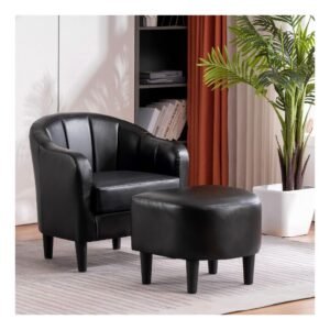 Mcombo Modern Accent Club Chair, Tub Barrel Chair with Ottoman, Faux Leather Arm Chair with Round Legs, Single Sofa Chair for Living Room Bedroom 4022 (Saddle)