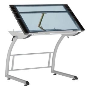 Studio Designs 10089 Triflex Drawing Table, Sit to Stand Up Adjustable Desk, Silver/Blue Glass