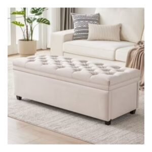 Orus White Tufted Bench with Chrome Frame, White Leather Upholstered, Upholstered Ottoman, Rectangular Bench, Indoor Bench, Ideal for Dining Room, Living Room, Bedroom, Entryway, Hallway