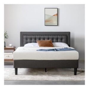 Zinus Upholstered Button Tufted Premium Platform Bed / Strong Wood Slat Support / Dark Grey, King