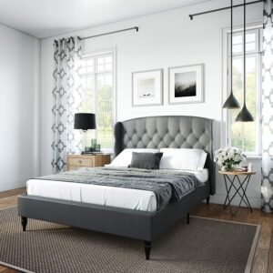 Classic Brands DeCoro Coventry Upholstered Platform Bed | Headboard and Metal Frame with Wood Slat Support | Grey, King