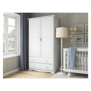 100% Solid Wood Smart Wardrobe/Armoire/Closet by Palace Imports, White, 40" W x 72" H x 21" D, 1 Clothing Rods, 1 Lock, 2 Drawers Included…