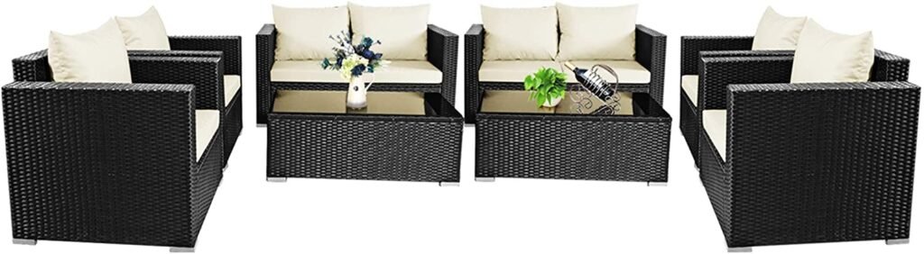 DORTALA 8-Piece Patio Rattan Furniture Set, Sofa Set w/Tempered Glass Coffee Table, Conversation Set w/Seat & Back Cushions, Outdoor Sectional Chair Set for Garden, Backyard, Poolside, Off White