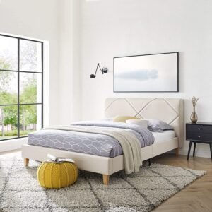 Vibe Upholstered Platform Bed Frame, Headboard and Wood Slat Support Upholstered Platform Bed Frame, Headboard and Wood Slat Support, Queen, Beige