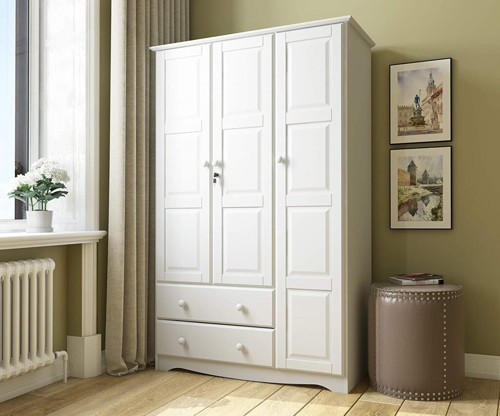 100% Solid Wood Grand Wardrobe/Armoire/Closet by Palace Imports, White, 46" W x 72" H x 21" D. 4 Small Shelves, 1 Clothing Rod, 2 Drawers, 1 Lock Included. Additional Large Shelves Sold Separately.
