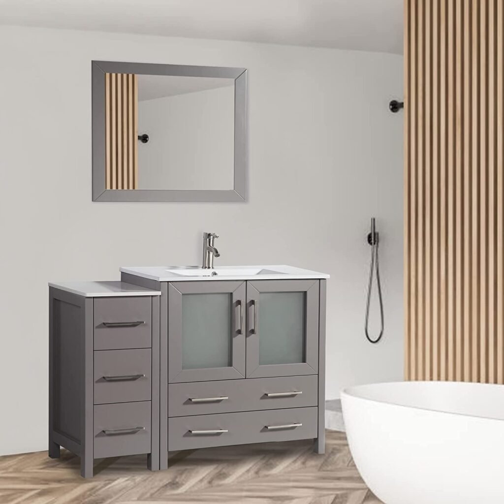 Vanity Art 42 inch Single Sink Bathroom Vanity Set Free Mirror - Compact 2 Door, 5 Drawer with White Ceramic Top | Perfect Bathroom Organizer (Gray) -...