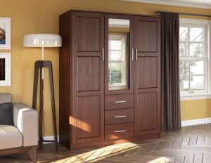 Palace Imports Cosmo Solid Wood 3-Door Wardrobe with Mirror and 3 Drawers, Mocha. Additional Shelves Sold Separately.