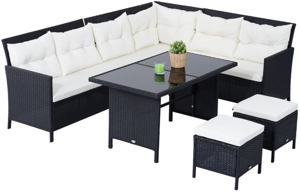 Outsunny 6pcs Outdoor Rattan Sofa Set Garden Wicker Sectional Couch Patio Furniture Set 8 Seats Dining Table and Chair Cushion