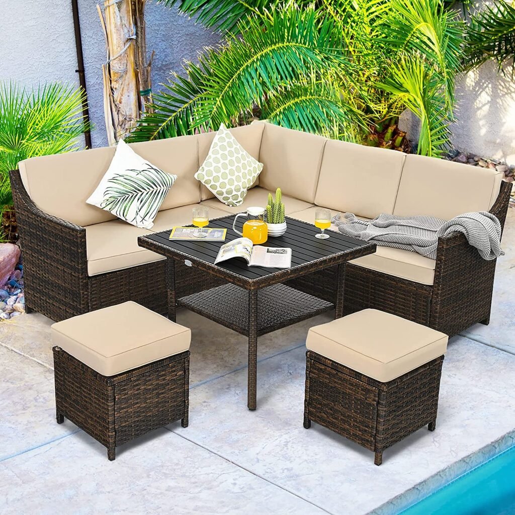 DORTALA 6 Pieces Patio Wicker Furniture Set, Outdoor Sectional Conversation Set with Cushions, All Weather Rattan Sofa Couch Set w/Dining Table & Ottomans for Backyard Garden Poolside Balcony