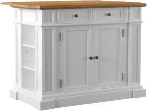 Homestyles Americana Kitchen Island with Wood Top and Drop Leaf Breakfast Bar, Storage with Drawers and Adjustable Shelves, 50 Inch Width, 49.75 inches, White and Oak