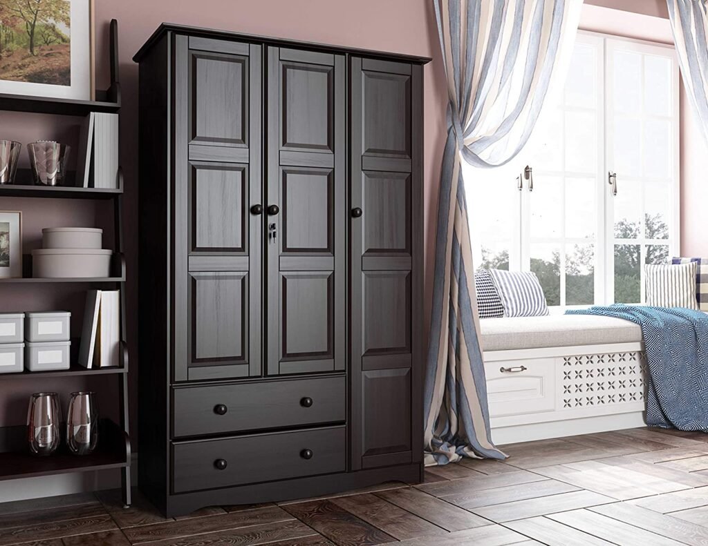 100% Solid Wood Grand Wardrobe/Armoire/Closet by Palace Imports, Java Color, 46"W x 72"H x 21"D. 5 Small Shelves, 1 Clothing Rod, 2 Drawers, 1...