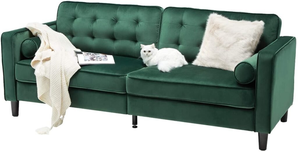 Esright 84.2?Mid-Century Sofa Couch,Tufted Velvet Fabric Modern Couch with 2 Bolster Pillows, Sofas Couches for Living Room,Apartment,Dorm & Office,Green