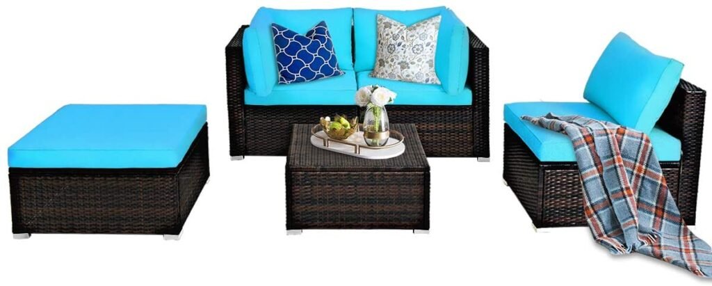 DORTALA 5 Pieces Patio Rattan Furniture Sets, Sectional Sofa Conversation Set Wicker Combination Furniture w/ Steel Frame, Modern Wicker Sofa Ottoman Table for Garden Lawn Balcony Backyard, Rattan Bistro Furniture w/ Sponge Cushion, Turquoise