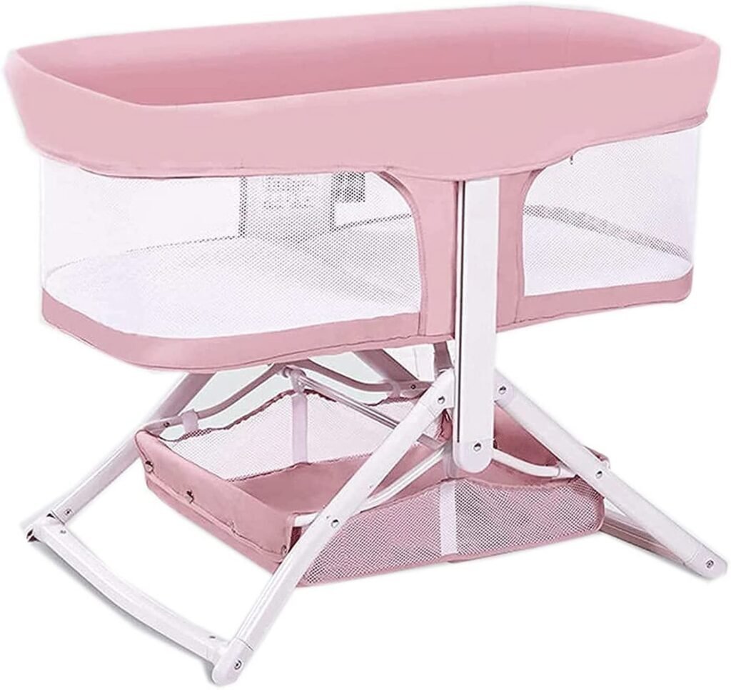 Mobile Bedside Crib Bassinet, Bed, Baby Cot with Airy Mesh and Storage Basket Infant, Foldable Playpen from 0-12 Months Baby, Pink
