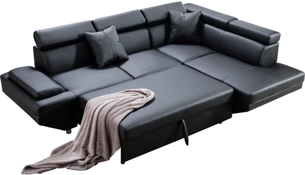FDW with 2 Piece Faux Leather Queen Contemporary Living Room Sectional Sleeper Modern Corner Futon Sofa Bed Couches, Black