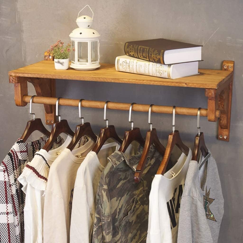 Wall Mounted Coat Clothes Rack with Shelf,Solid Wood Garment Rack,Clothes Rail Storage Unit with Shelf for Household,Retail