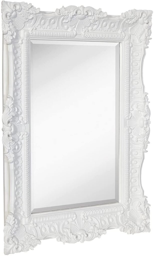 Hamilton Hills Large Ornate White Gloss Baroque Frame Mirror | Aged Luxury | Elegant Rectangle Wall Piece | Vanity, Bedroom, or Bathroom | Hangs Horizontal...
