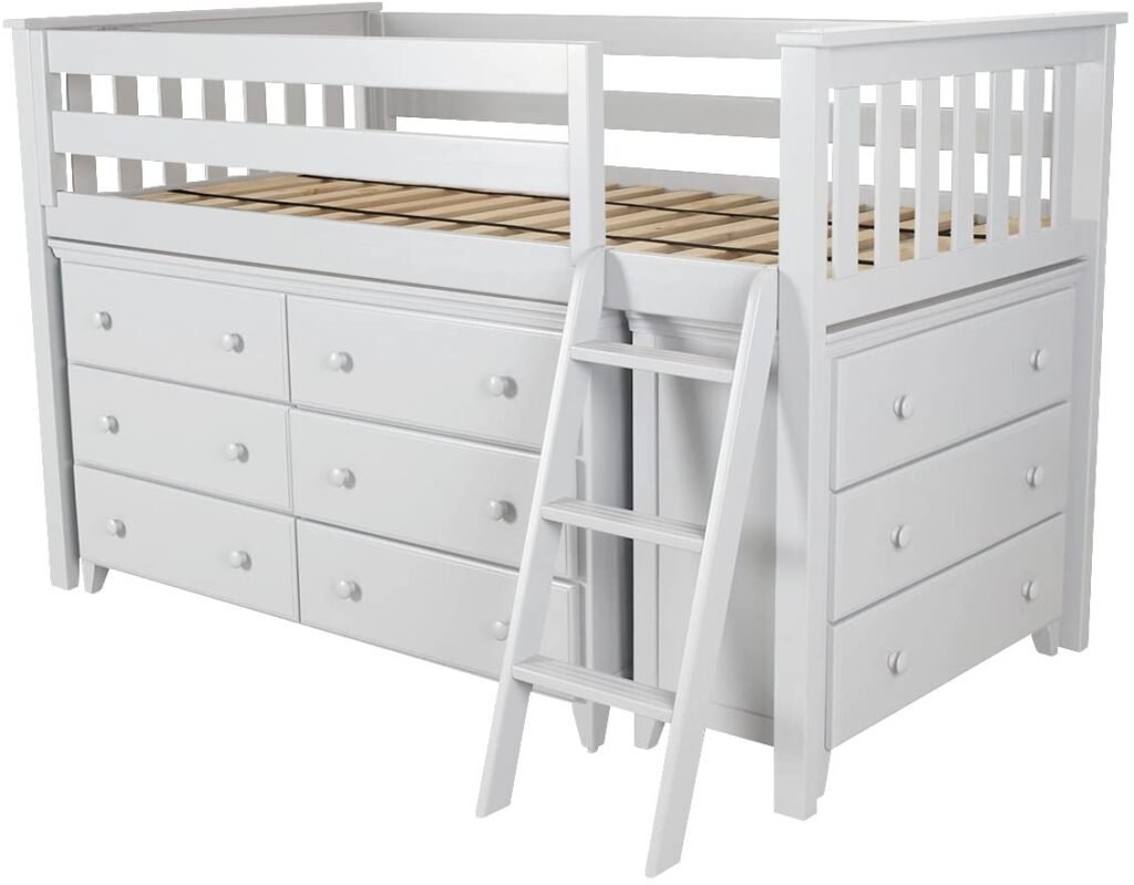 Max & Lily Solid Wood Twin-Size Storage Loft Bed with Two Dressers, White