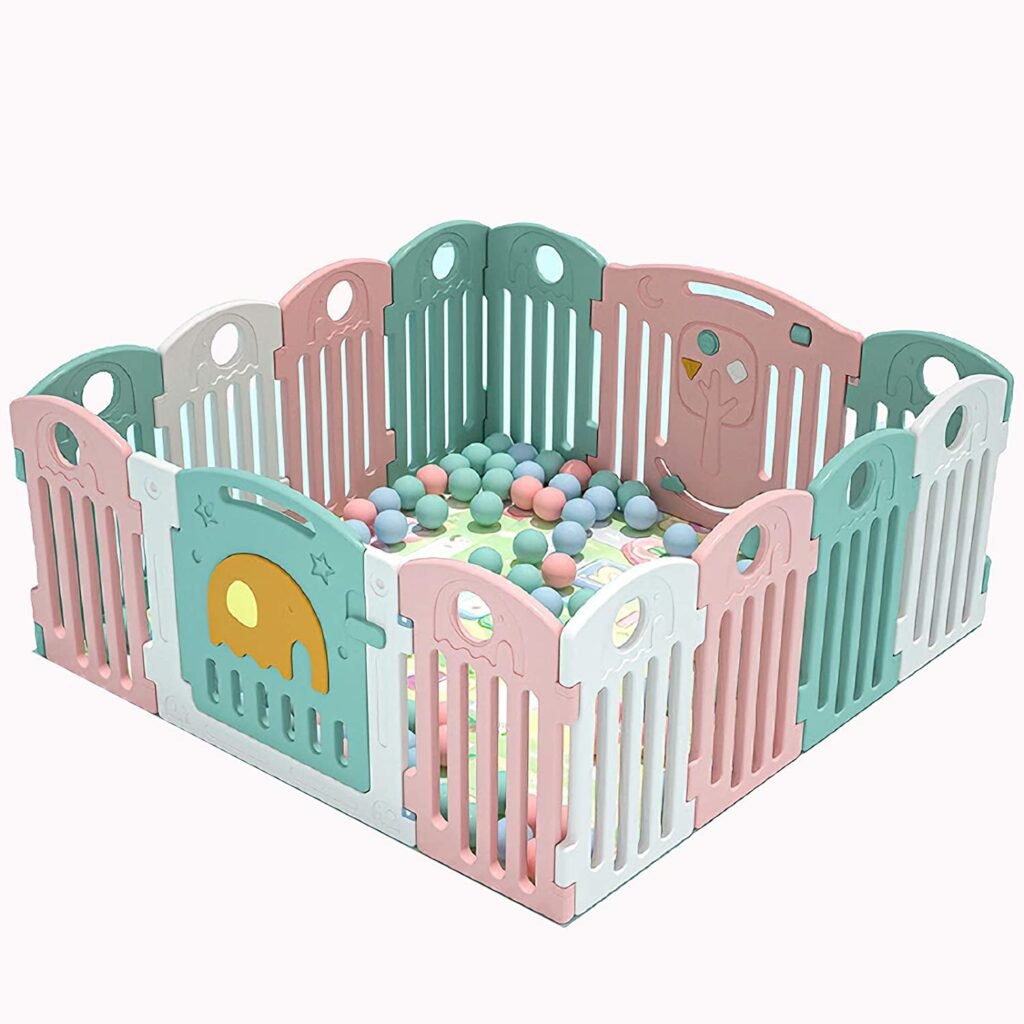 Baby Playpen Foldable Playpen Kids Safety Activity Center Indoor Outdoor Toddler Fence Plastic Play Yard for Boys Girls Babies, 145Cm*145Cm 14 Panel