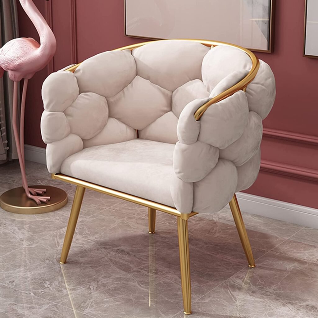 Velvet Upholstered Armchair,Luxury Fluffy Comfortable Back Vanity Chair with Golden Metal Legs,Modern Makeup Accent Chair for Bedroom Living Room-Beige 74x53x45cm(29x21x18inch)