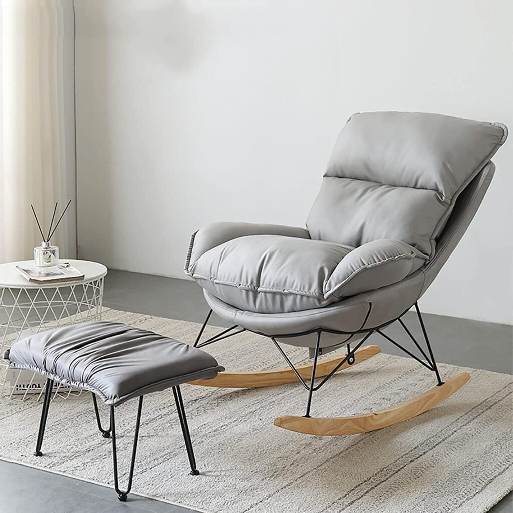 Fabric Rocking Chair, Mid-Century Glider Rocker with Padded Seat, Seat Wood Base, for Living Room, Grey