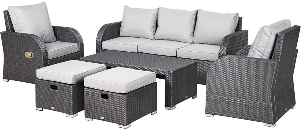 Outsunny 6 Pieces Patio Wicker Sofa Sets, Outdoor Sectional Furniture Set, Include 3-Seat Sofa, 2 Adjustable Recliners, 2 Footstools & Table Set for Lawn Garden Backyard, Grey