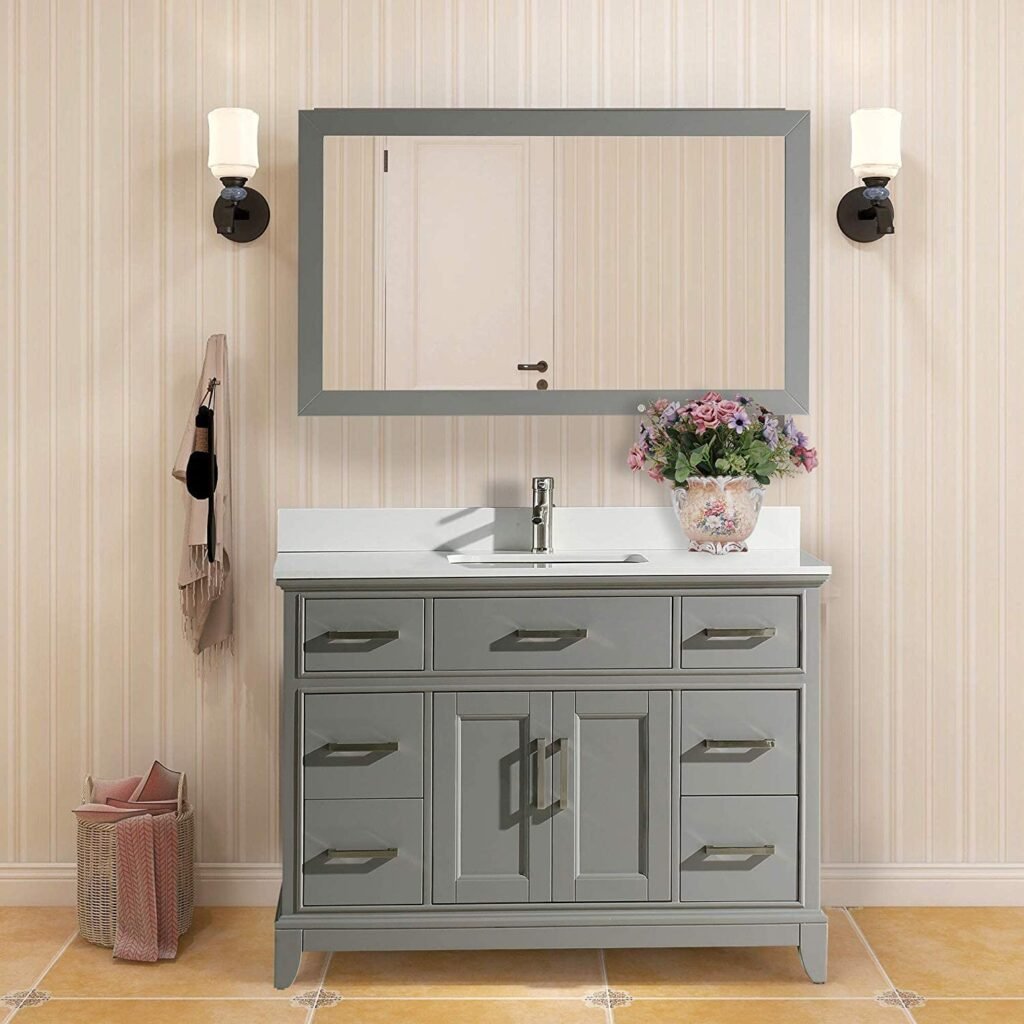 Vanity Art 48 Inch Single Sink Bathroom Vanity Set | Super White Phoenix Stone Top, 7 Drawers 1 Shelf Undermount Sink with Free Mirror - VA1048-G