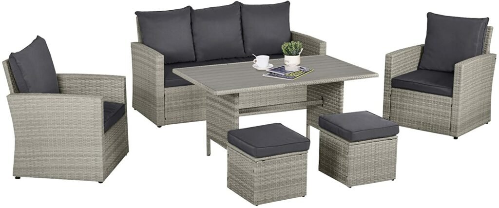 Outsunny 6 PCS Outdoor Patio PE Rattan Dining Table Sets All Weather Sofa Chair Furniture Set for Indoor Backyard Garden w/Cushions & Plastic Wood Table Top Grey