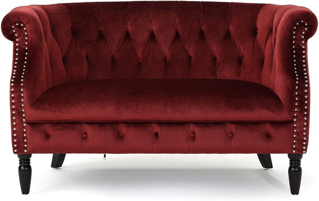 Great Deal Furniture 302214 Melaina Garnet Tufted Rolled Arm Velvet Chesterfield Loveseat Couch