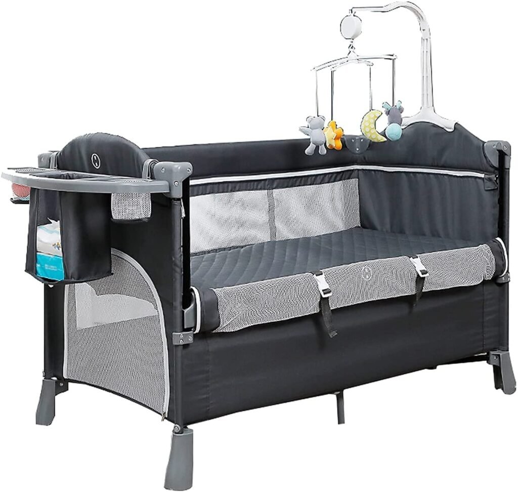 Bedside Crib, Baby Travel Cot, 3 in 1 Bassinet Bed Activity Play Center with Mattress, Changing Table, Cradle and Carrying Bag, Foldable Infant Playpen Entryway