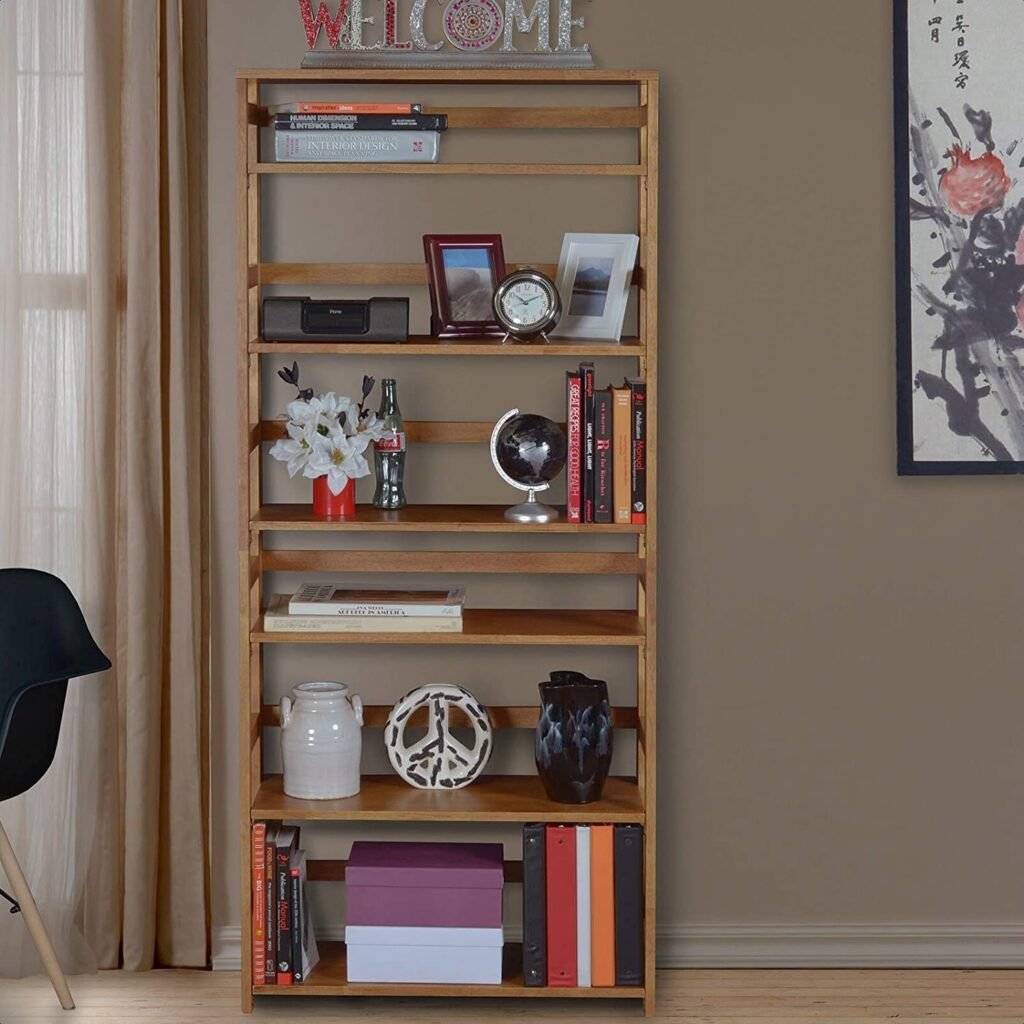 Gorham Flip Flop Folding Etagere Bookcase, Assembles Without Tools in Less Than 5 Minutes, Solid Wood