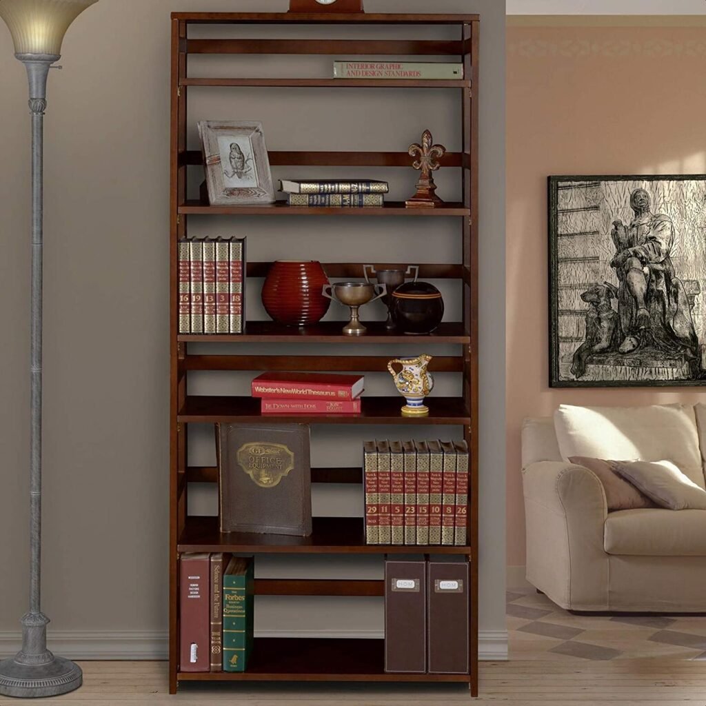 Gorham Flip Flop Folding Etagere Bookcase, Assembles Without Tools in Less Than 5 Minutes, Solid Wood