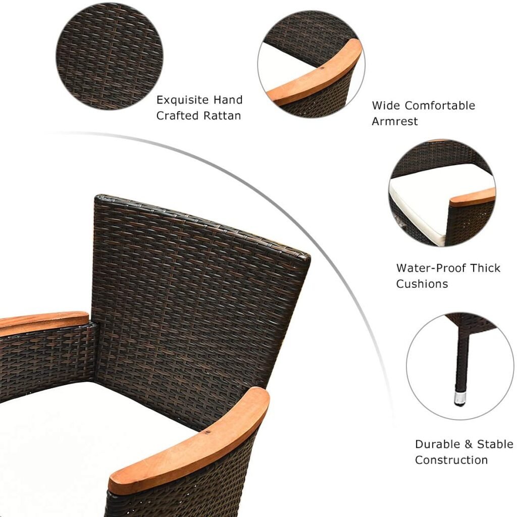 Tangkula 9 Piece Outdoor Dining Set, Garden Patio Wicker Set w/Cushions, Patio Wicker Furniture Set with Acacia Wood Table and Stackable Armrest Chairs