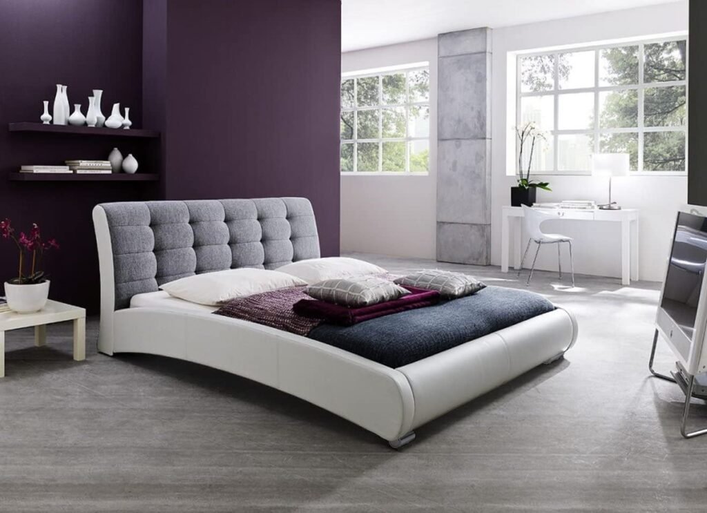 Baxton Studio Guerin Contemporary White Faux Leather Fabric Two Tone Upholstered Grid Tufted Platform Bed, Queen, Gre