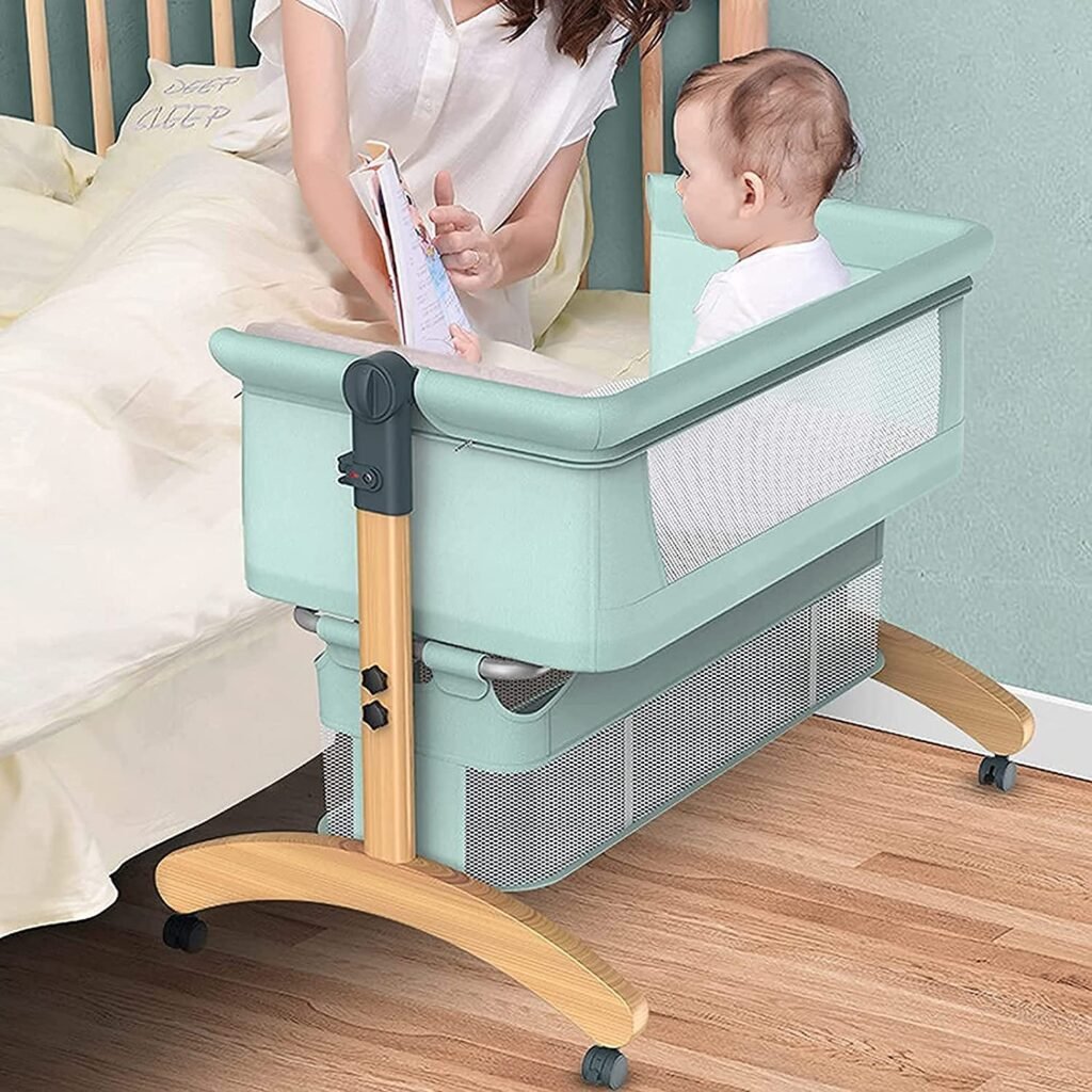 Baby Bedside Crib Bassinet, Folding, Cot 0-18 Months Baby Bed Stitching Big Bed Toddler Beds with Visual Net Window/Toy Storage Basket/Cotton Mattress