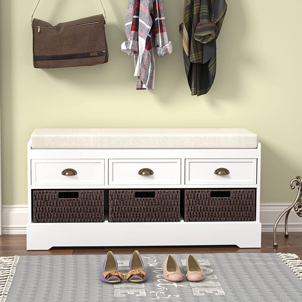 Storage Bench Entryway Bench Shoe Bench with Storage and Cushion and 3 Drawers and 3 Baskets for Living Room and Bedroom (White)