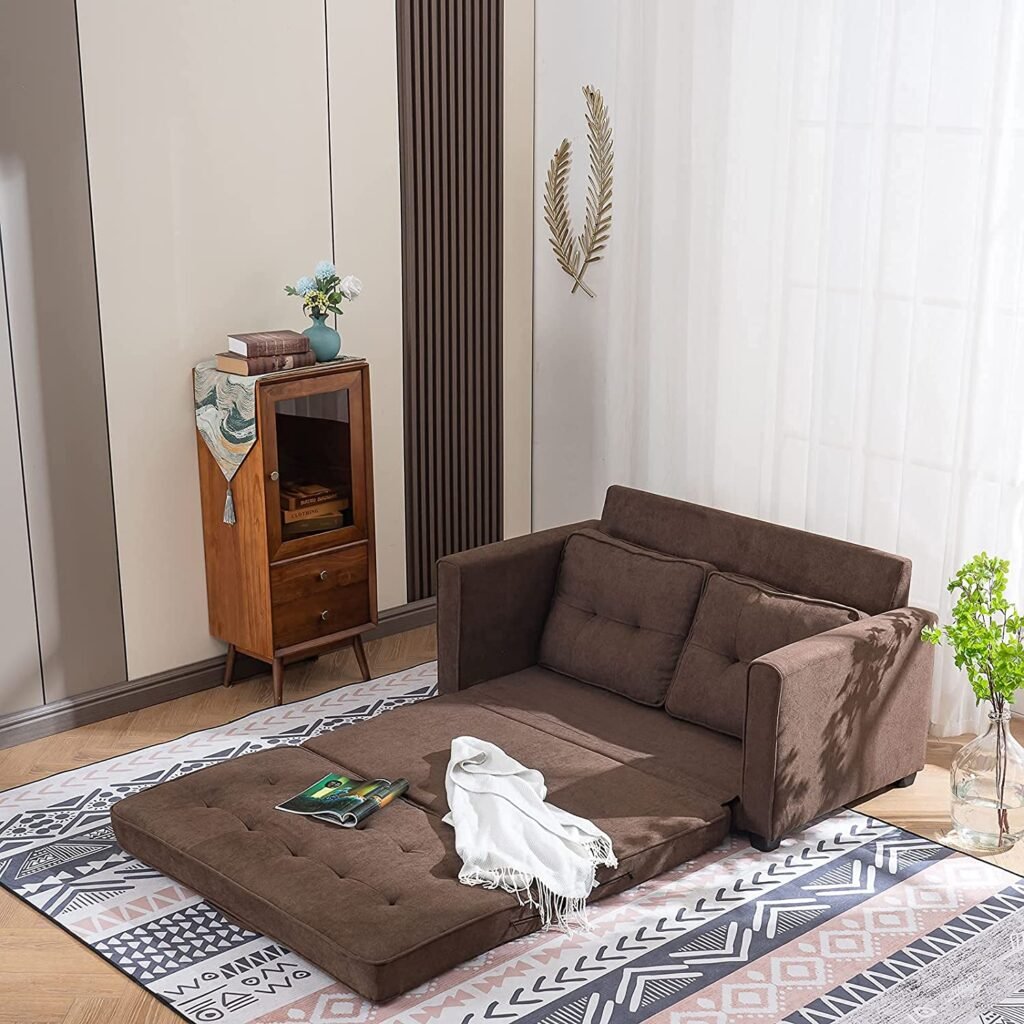 VINGLI Convertible Futon Sofa Bed, 70" Loveseat Sofa Bed Floor Gaming Sofa Couch, Mid-Century Modern Sleeper Sofa Upholstered Fabric Futon Couch for Living Room, Foldable Lazy Sofa Lounger Sofa, Brown