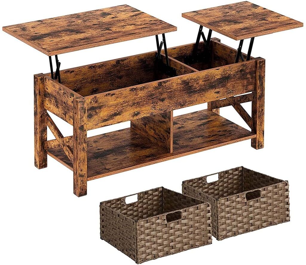 Lift Top Coffee Table with Storage and Rattan Baskets, Raisable Top Central Table for Living Room, Hidden Compartment Shelf Tabletop, Rustic Brown