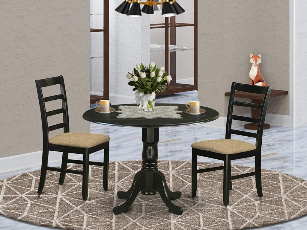 East West Furniture DLAB3-BLK-06 3Pc Round 42" Dining Room Table with Two 9-Inch Drop Leaves and 2 Parson Chair with Black Leg and Linen Fabric Shitake, 3