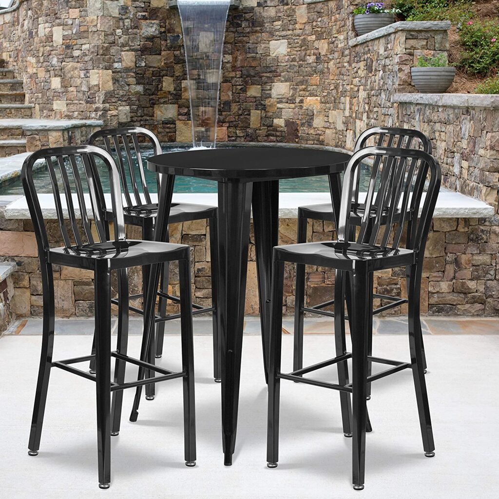 Flash Furniture 30'' Round Black Metal Indoor-Outdoor Bar Table Set with 4 Vertical Slat Back Stools