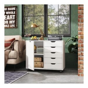 DEVAISE 5-Drawer Wood Dresser Chest with Door, Mobile Storage Cabinet, Printer Stand for Home Office, White