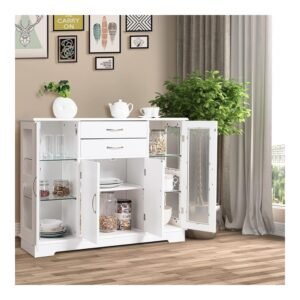 DORTALA Sideboard Buffet Storage Cabinet,Kitchen Storage Cabinet, Dining Buffet Server Cabinet Cupboard, Free Standing Storage Chest with 2 Sliding Glass Doors, Adjustable Shelf, Stackable Buffet Server for Kitchen,Dining Room,Living Room,Entryway, Brown