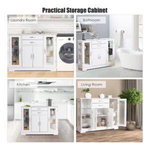 DORTALA Sideboard Buffet Storage Cabinet,Kitchen Storage Cabinet, Dining Buffet Server Cabinet Cupboard, Free Standing Storage Chest with 2 Sliding Glass Doors, Adjustable Shelf, Stackable Buffet Server for Kitchen,Dining Room,Living Room,Entryway, Brown
