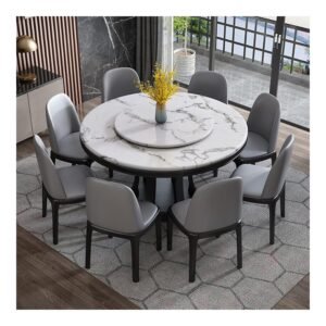 Dining Room Table Set, Marble and Wood Tops Round Rotating Dining Table Set 6 Chairs,New Classic Elegant Faux Marble Top Dining Set with 90 * 90 Rotating Plate,L120