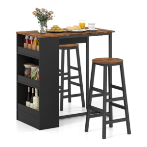 Giantex 3 Piece Pub Dining Set, Wooden Counter Height Table Set with 2 Bar Stools, Industrial Bar Table Set, Sturdy Kitchen Table with Storage for Kitchen, Restaurant, Living Room (Brown)