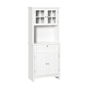 HOMCOM Kitchen Buffet Hutch Wooden Storage Cupboard with Framed Glass Door, Drawer and Microwave Space, White