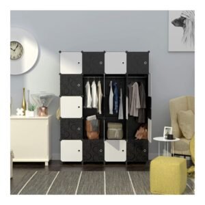 HOMEYFINE Portable Wardrobe for Bedroom, Storage Organizer Cube Closet, Modular Plastic Cabinet Armoire with Hanging Rail, Black White(20 Cube)